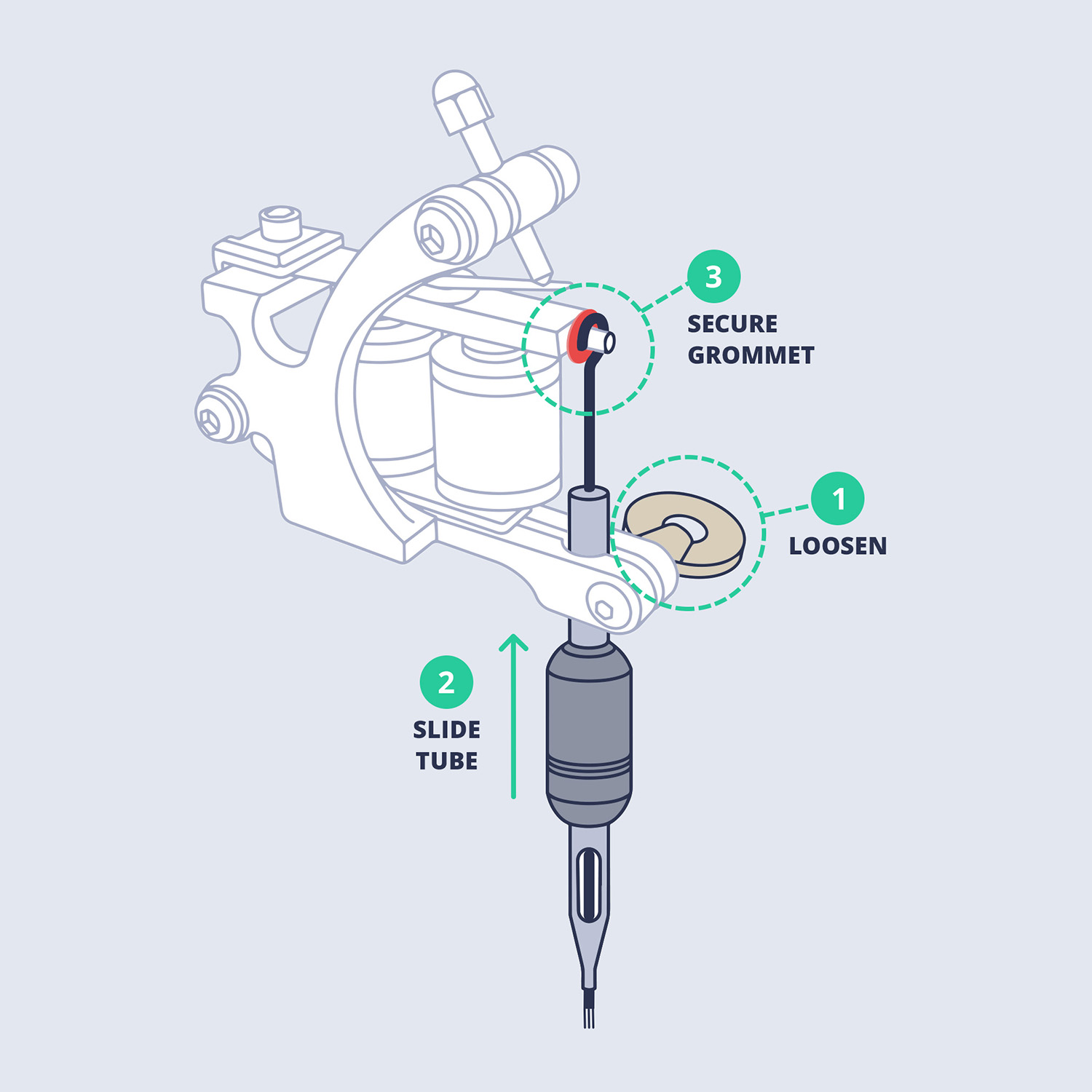 how a tattoo artist attaches the needle tube and needle bar to the armature bar on a tattoo gun