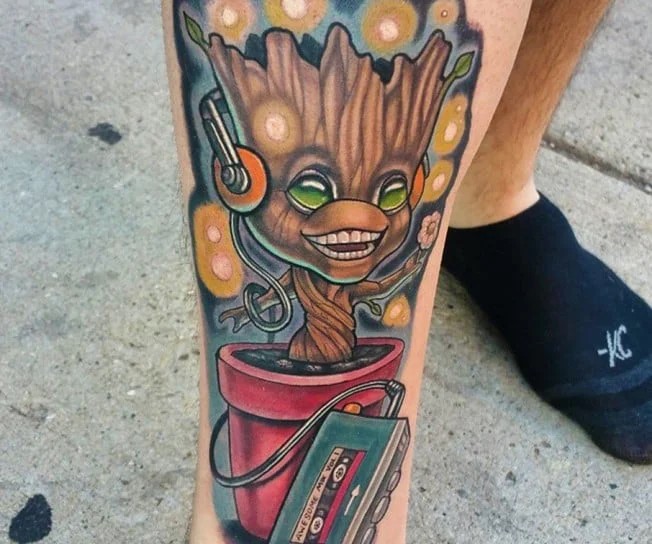 Baby Groot leg tattoo