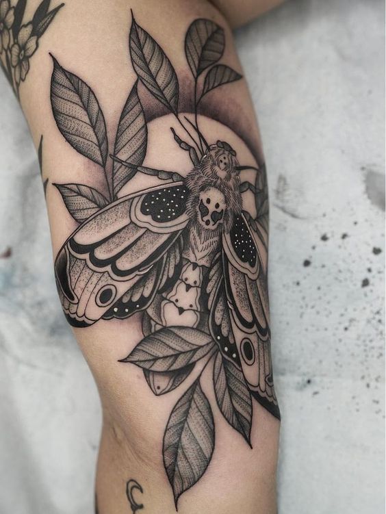 moth and leaf dotwork tattoos