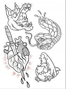 Neo trad flash art tattoo ideas on white background