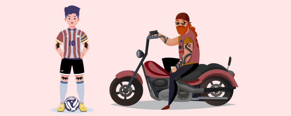 A Soccer player next to a biker both having tattoos