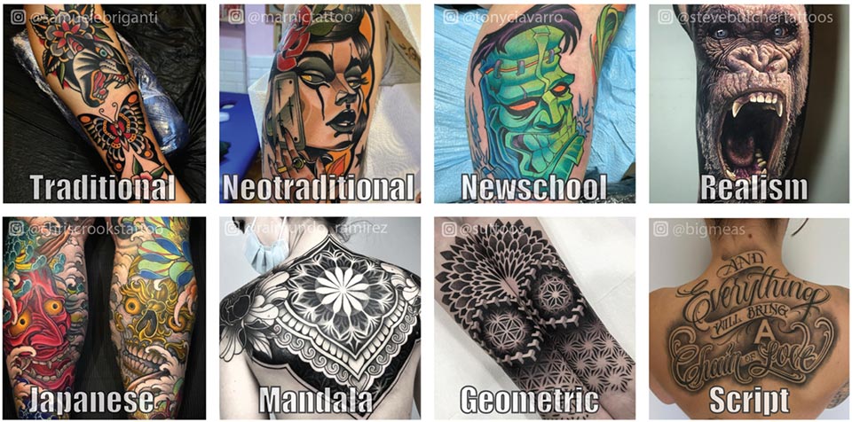 different tattoo styles by many tattoo artists