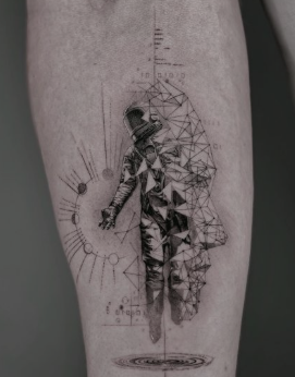Geometric astronaut body art in black ink