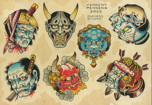 Japanese masks flash tattoos by Vincent Penning