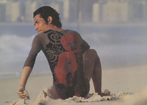 Model wearing a shirt from Miyake’s tattoo-inspired collections