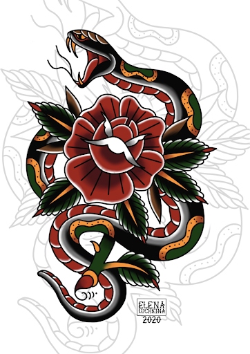 snake and flower tattoo flash by Elena Luchkina