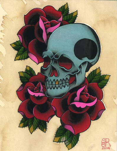 skull and roses flash tattoo