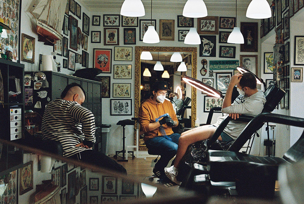 flash tattoo designs are typically displayed on the walls in tattoo studios